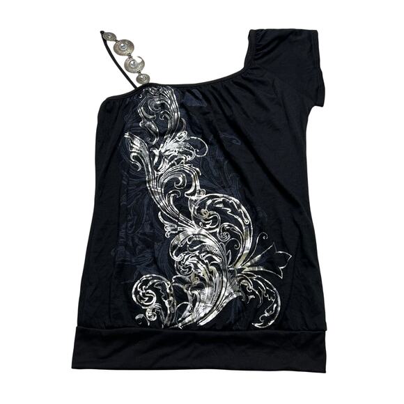 Annabelle One Shoulder Black Top Beaded Strap Metallic Floral Print Women Small - Picture 1 of 10